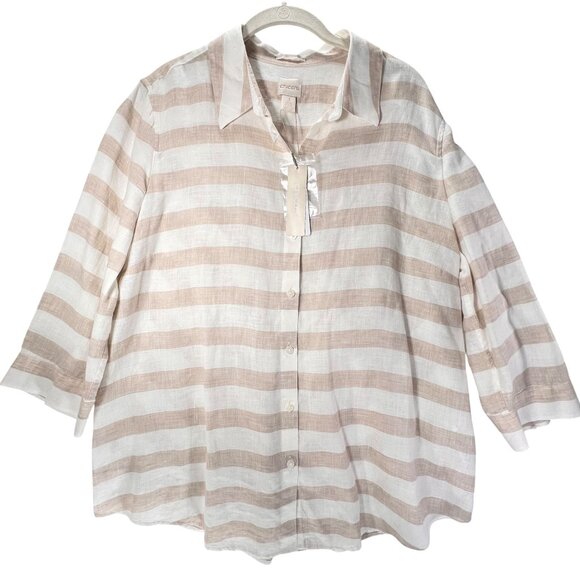 NWT Chicos Effortless Linen Stripe Button Down Shirt Sz 3 XL 16 Tan Collar - Picture 1 of 11